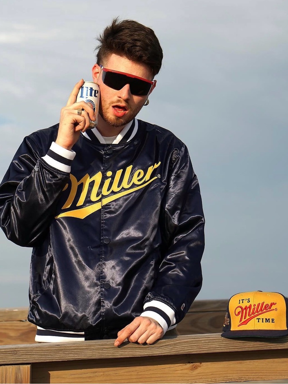 Miller x Mitchell & Ness  Navy Satin Bomber Jacket with Yellow Brand new w/o tag